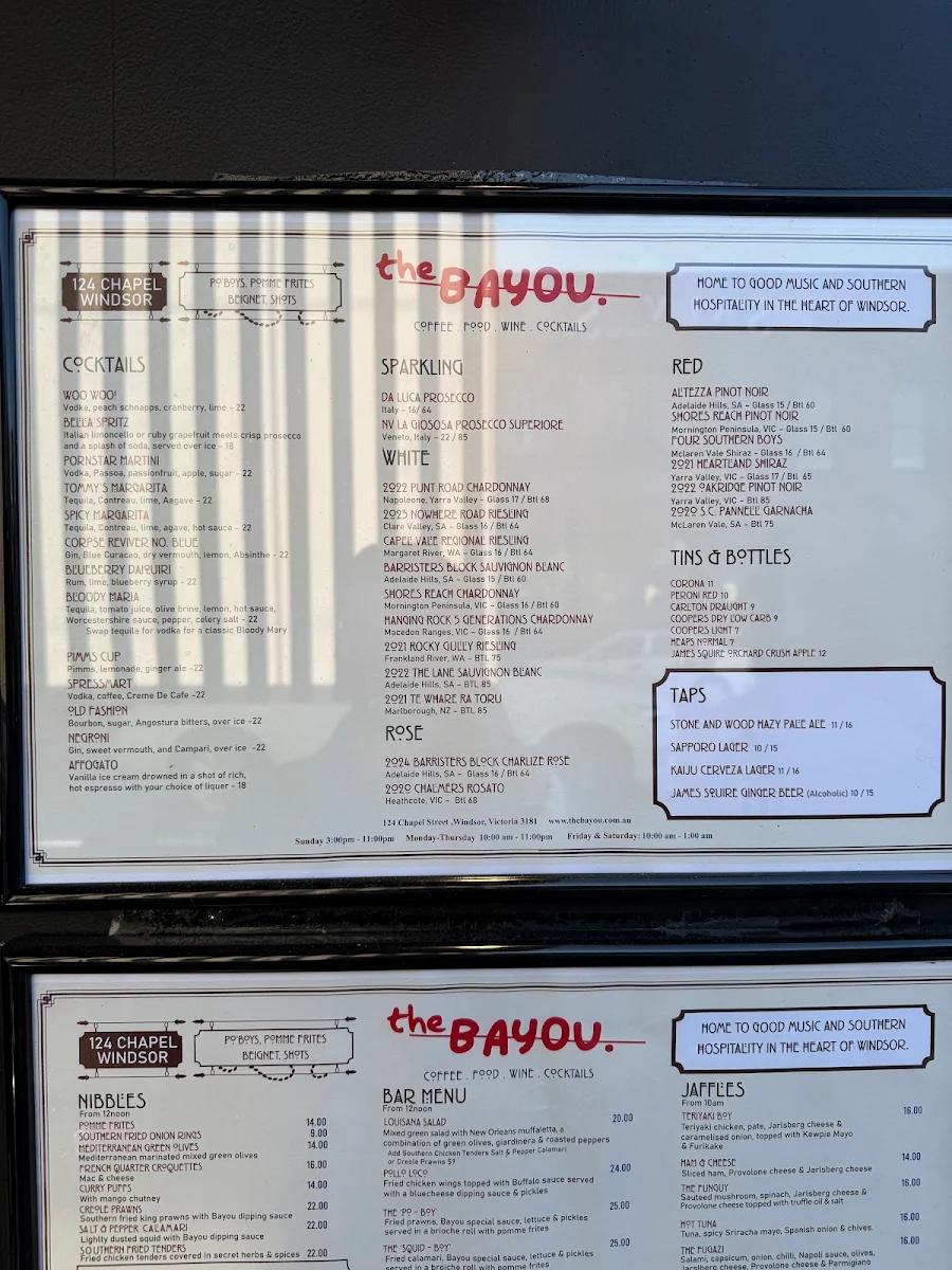 Menu, The Bayou
