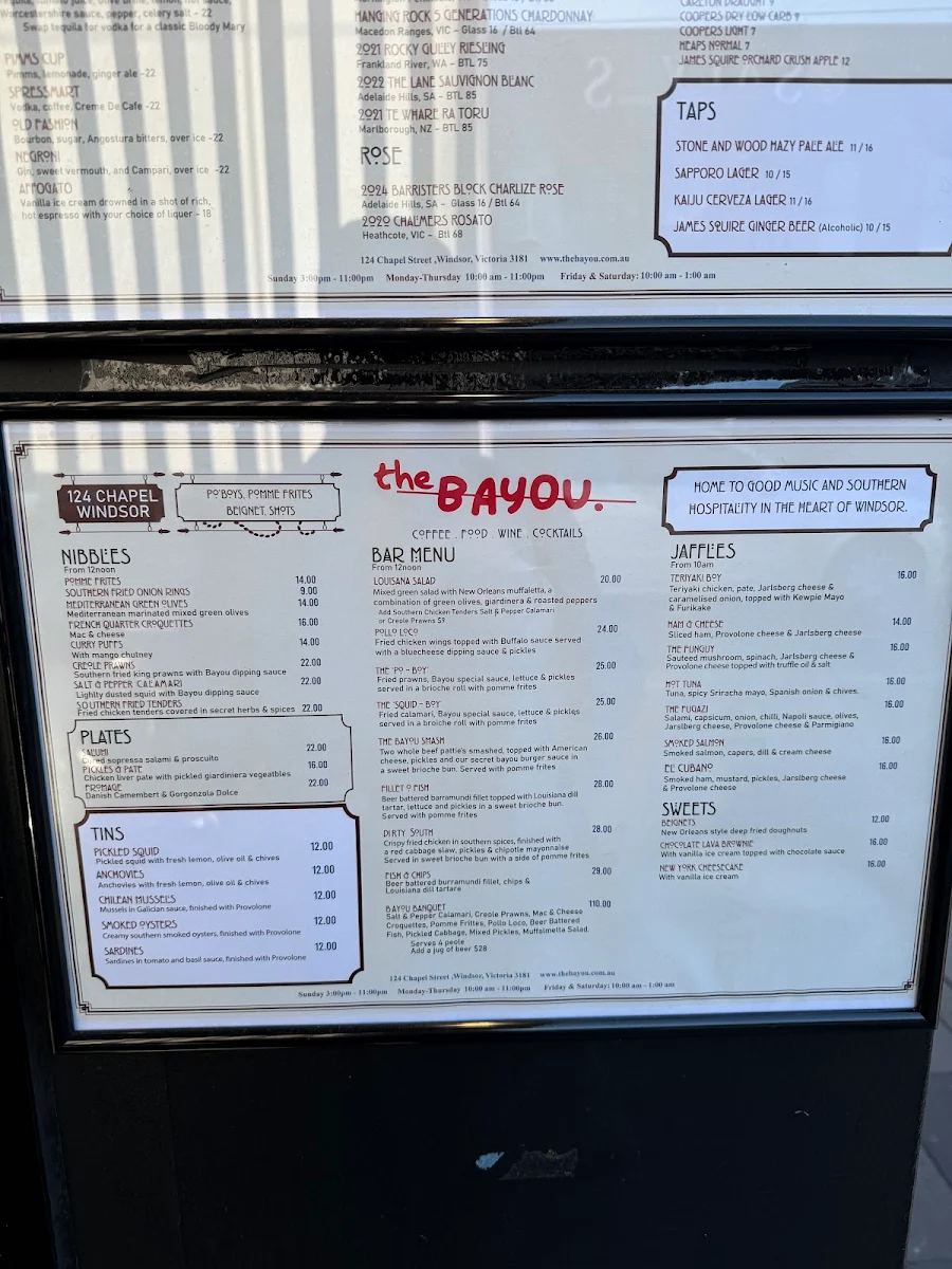 Menu, The Bayou