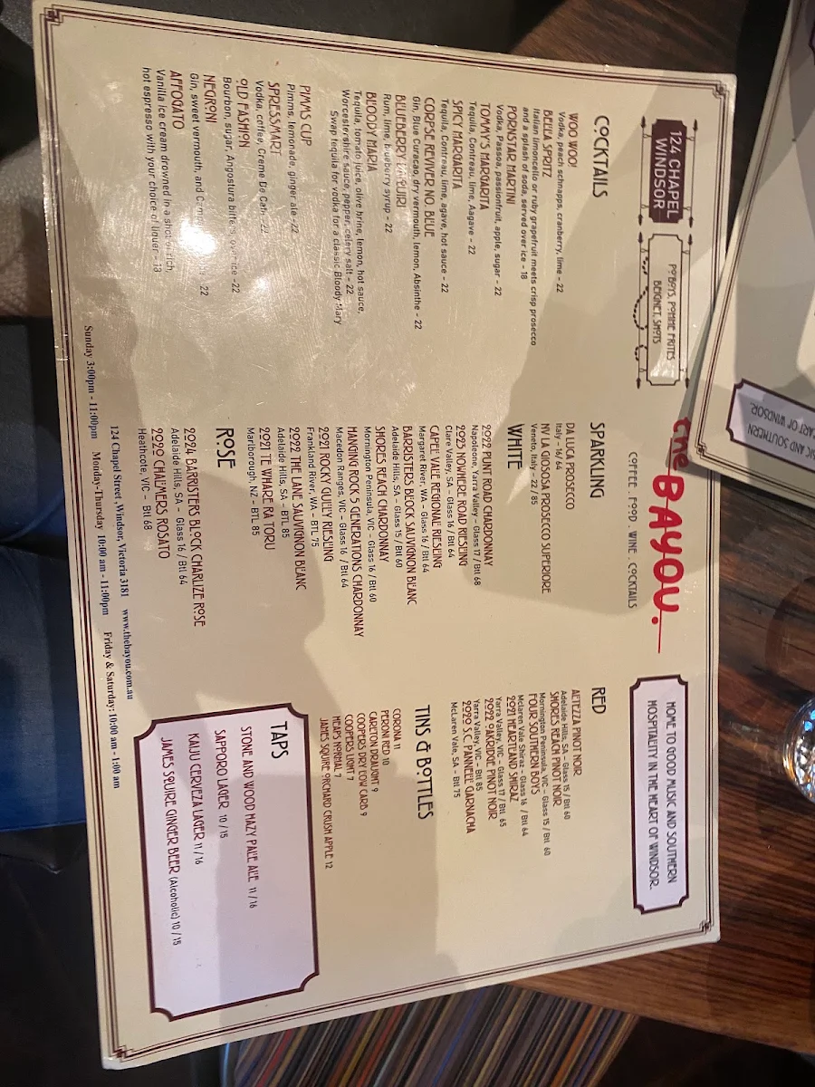 Menu, The Bayou