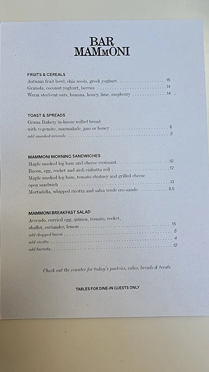 Menu, Bar Mammoni Pasta & Deli