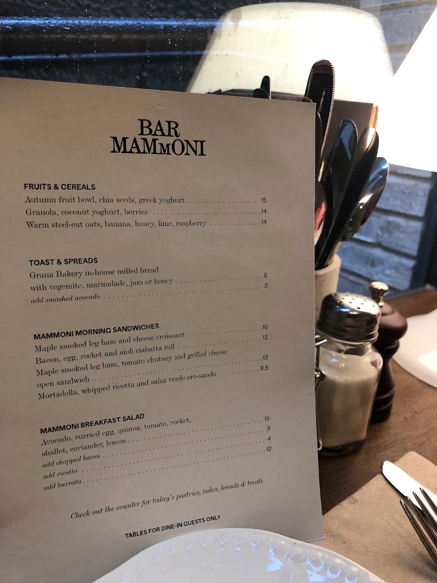 Menu, Bar Mammoni Pasta & Deli