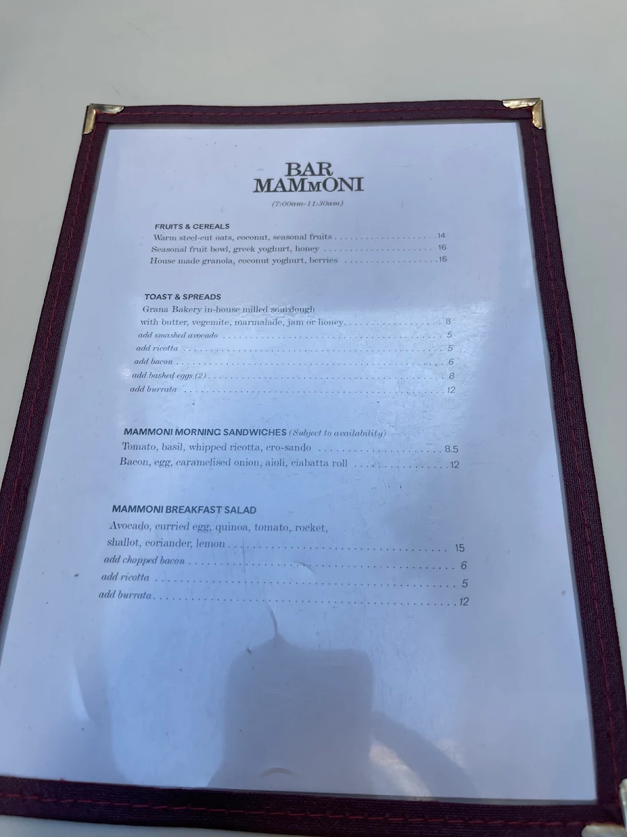 Menu, Bar Mammoni Pasta & Deli