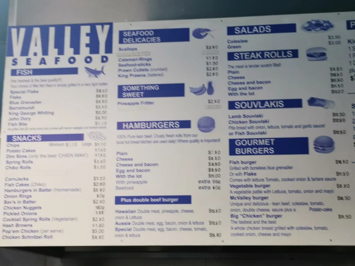 Menu, Valley Seafood