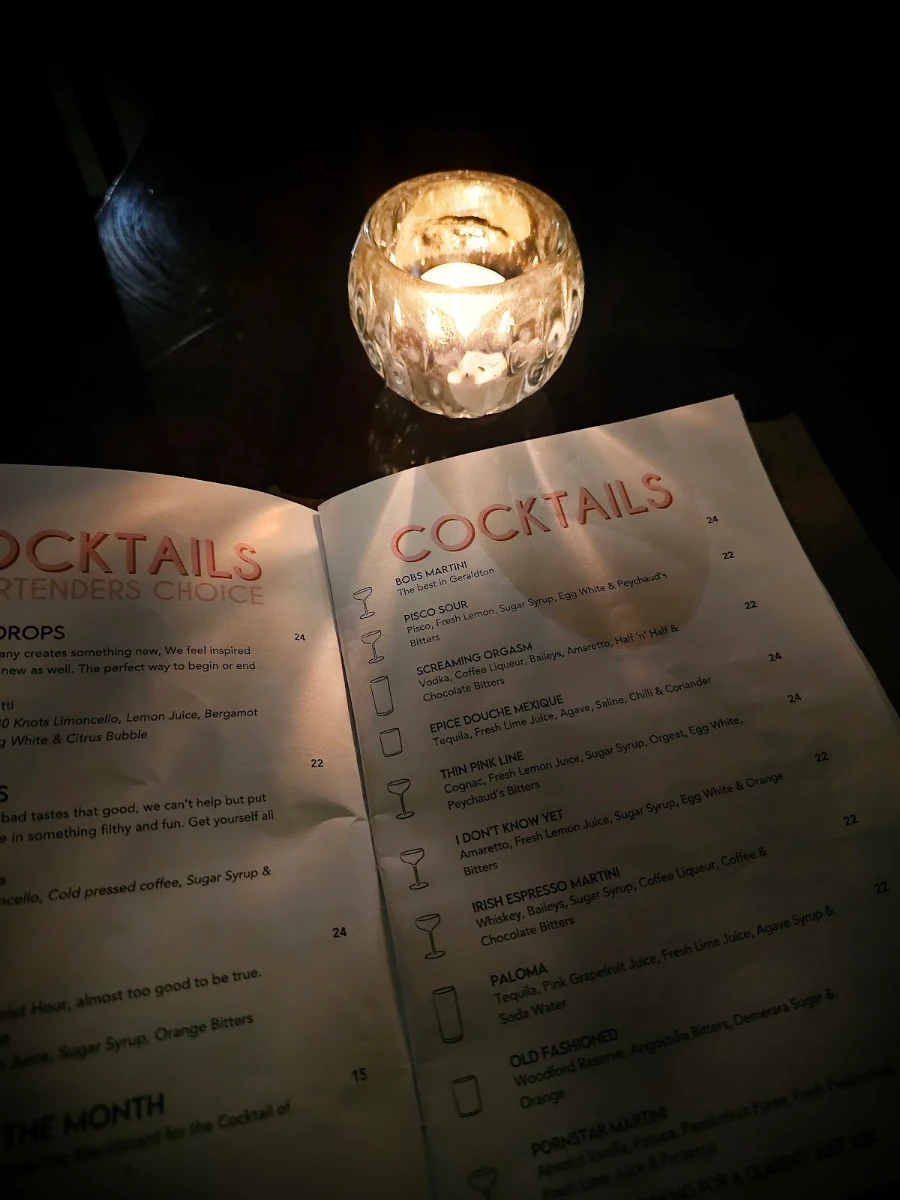 Menu, Bob's Boutique Bar