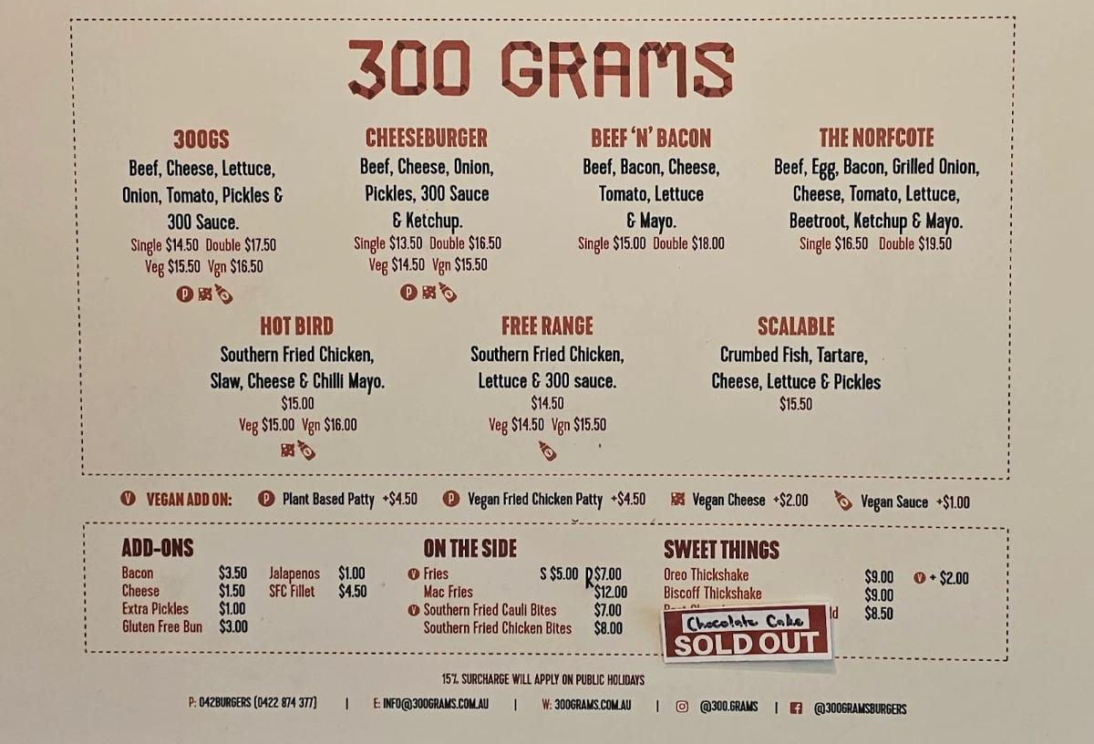 Menu, 300 Grams