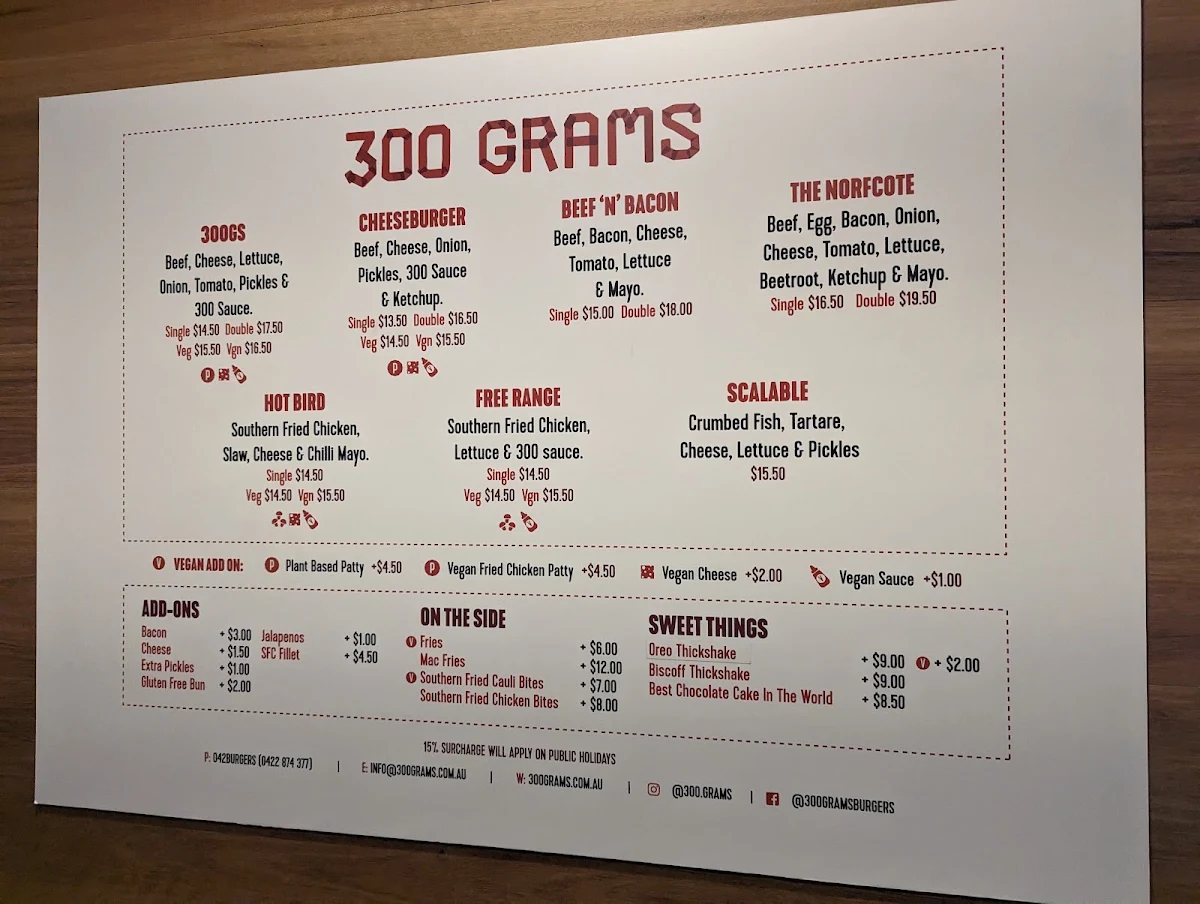 Menu, 300 Grams