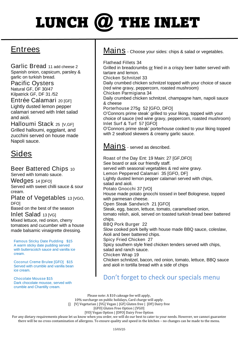 Menu, The Inlet Hotel