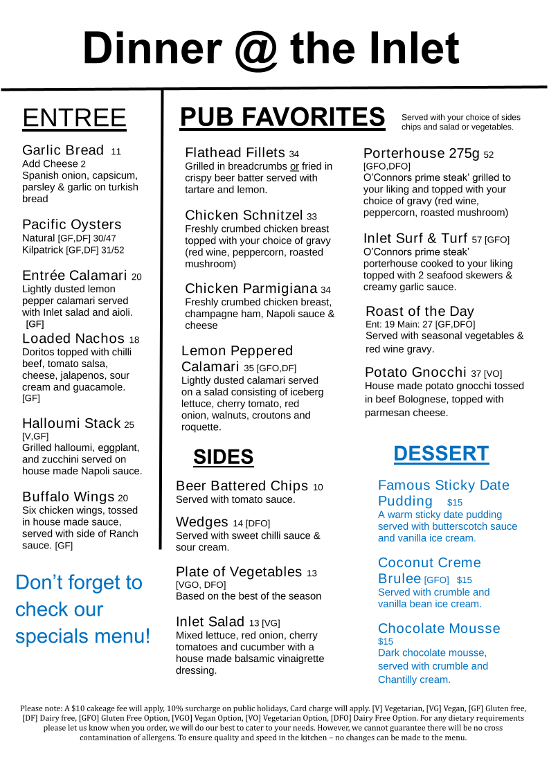 Menu, The Inlet Hotel