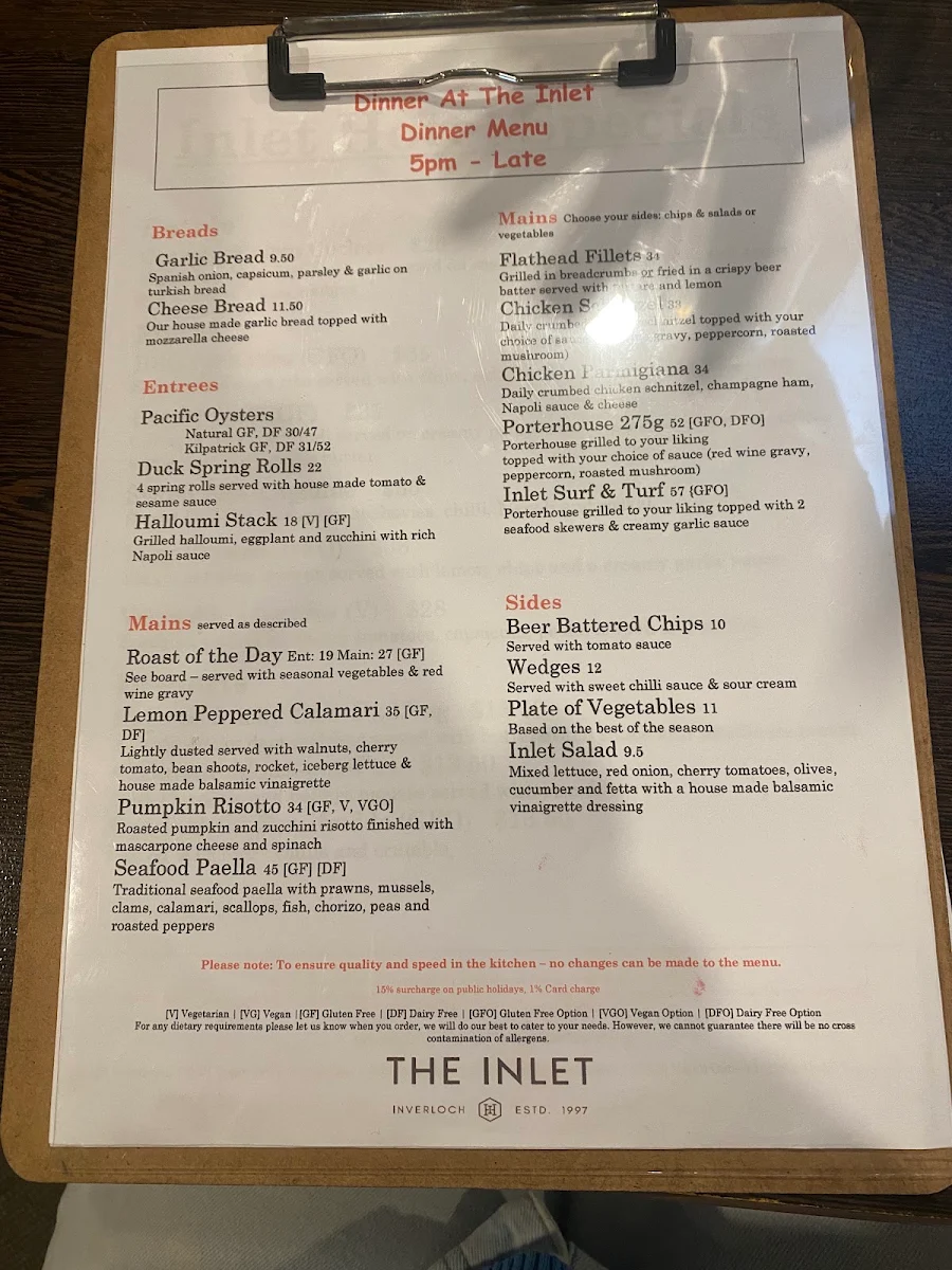 Menu, The Inlet Hotel