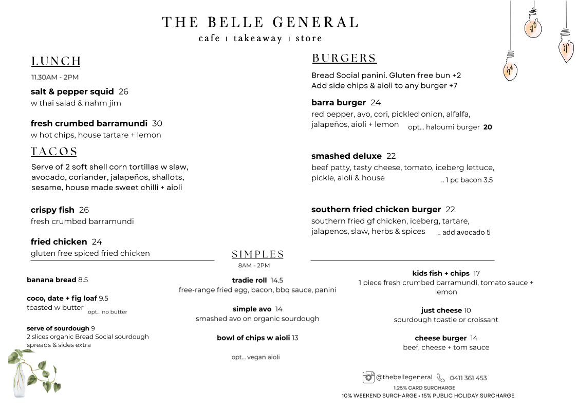 Menu, The Belle General