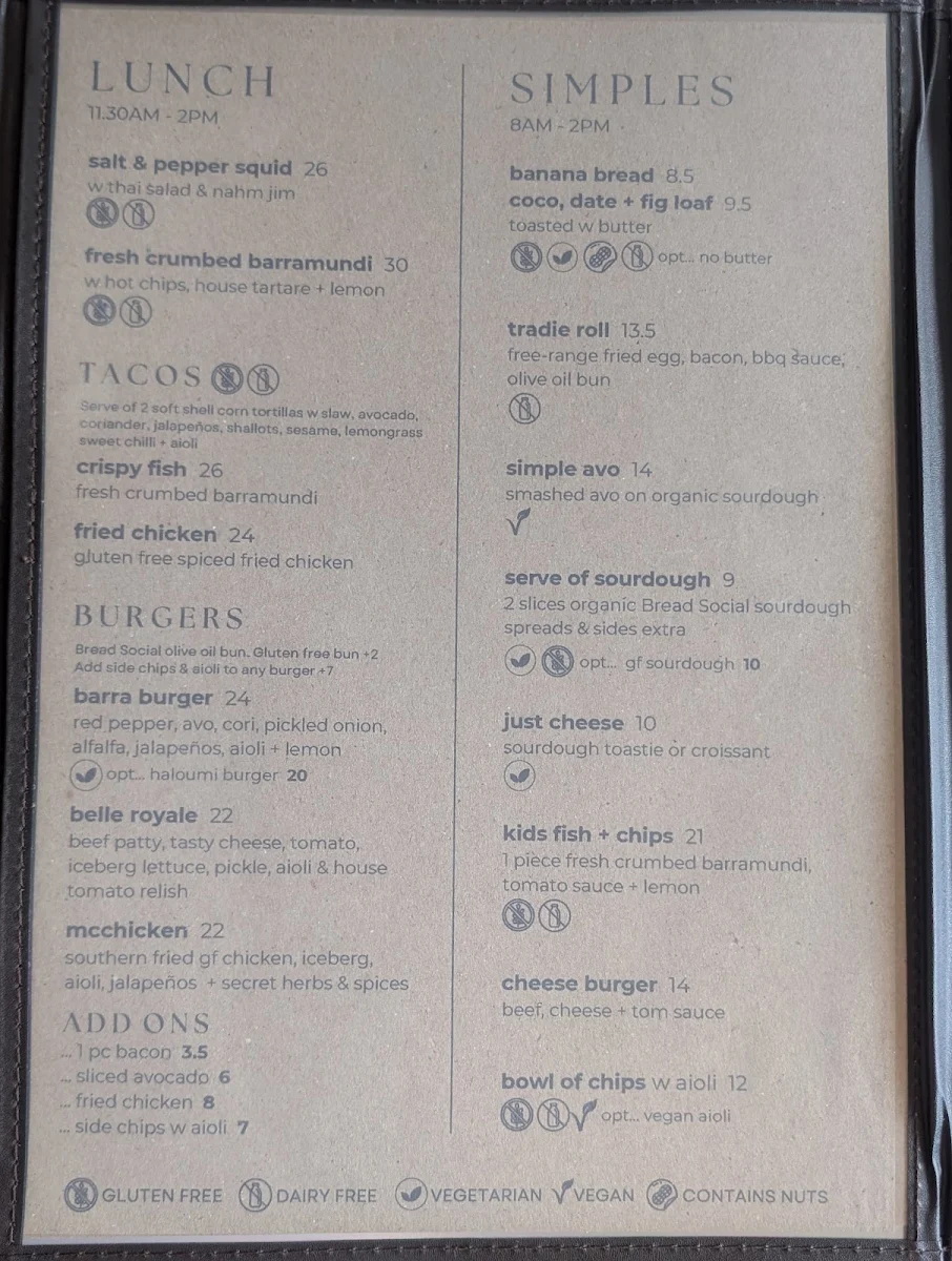 Menu, The Belle General