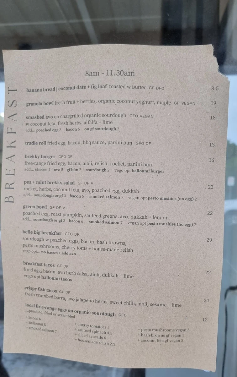 Menu, The Belle General