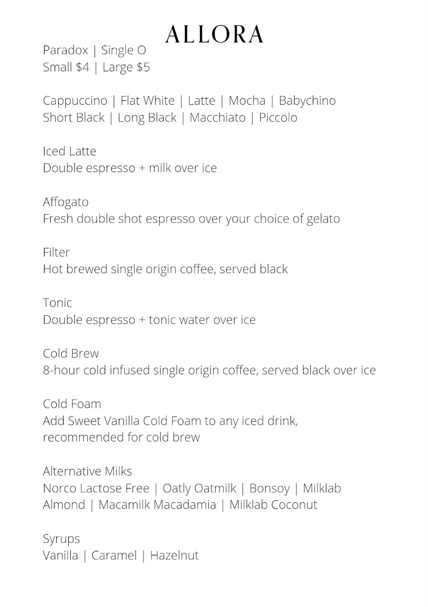 Menu, Allora Gelato & Coffee