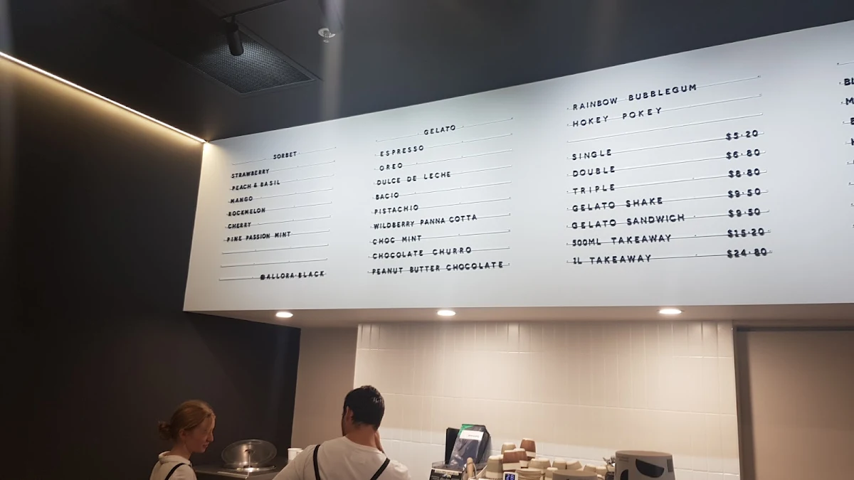 Menu, Allora Gelato & Coffee