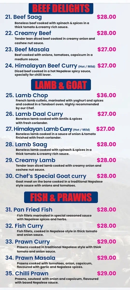 Menu, Himalayan Nepalese Restaurant and Cafe