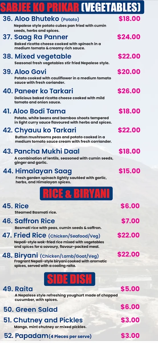 Menu, Himalayan Nepalese Restaurant and Cafe