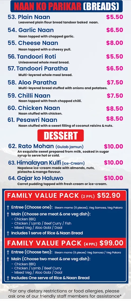 Menu, Himalayan Nepalese Restaurant and Cafe