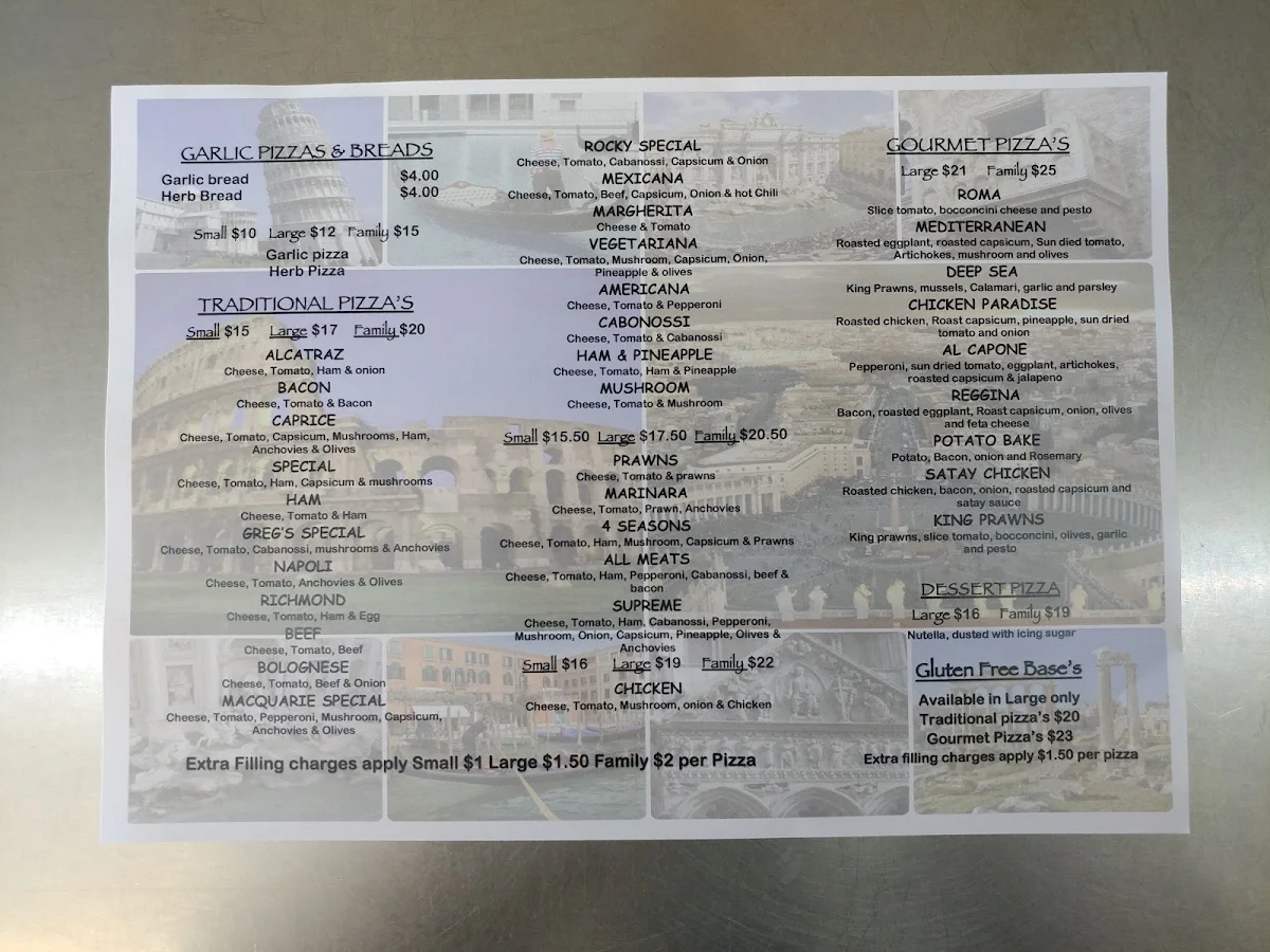 Menu, Macquarie Pizza Place