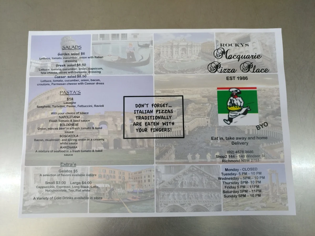 Menu, Macquarie Pizza Place