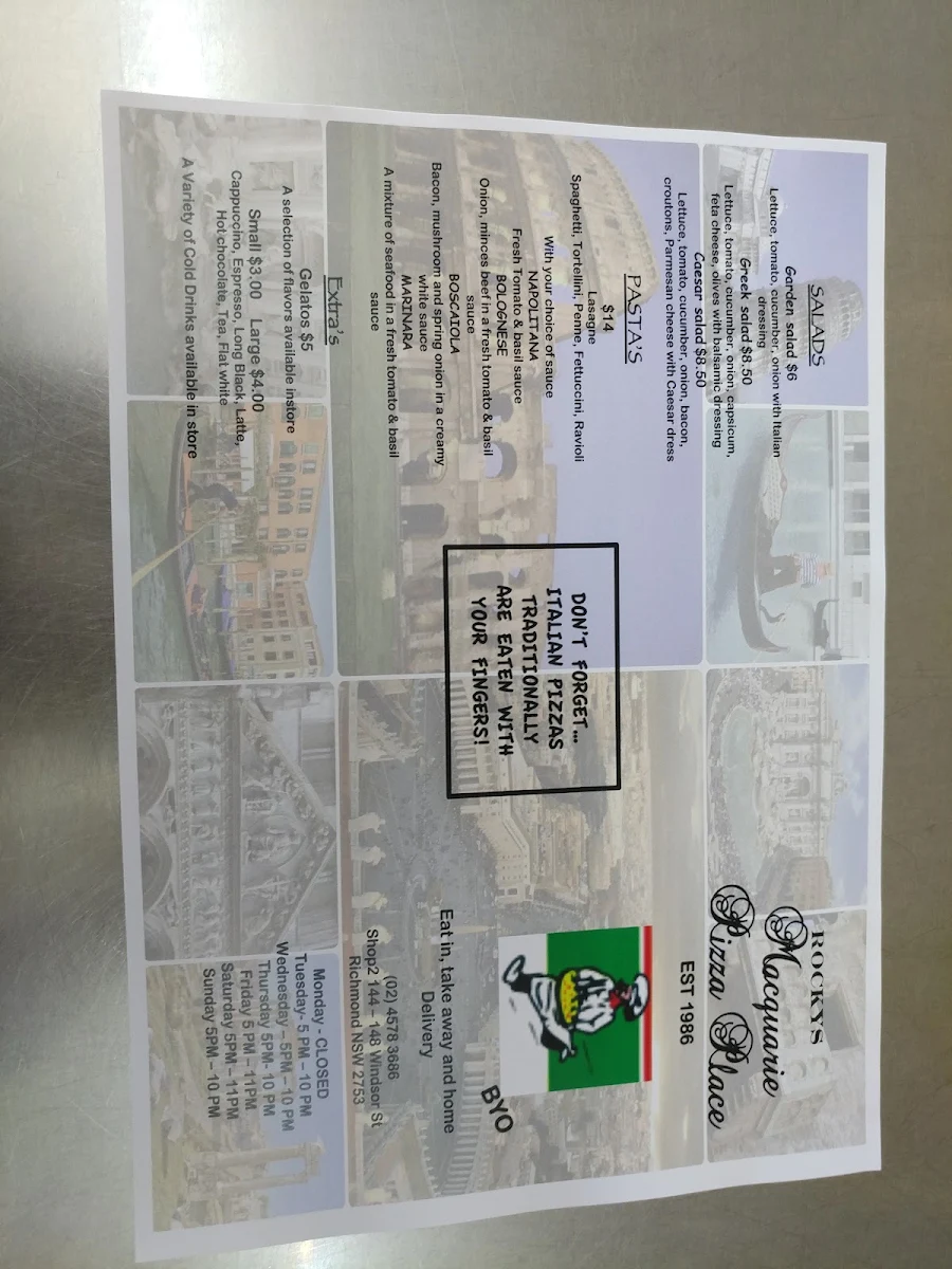 Menu, Macquarie Pizza Place