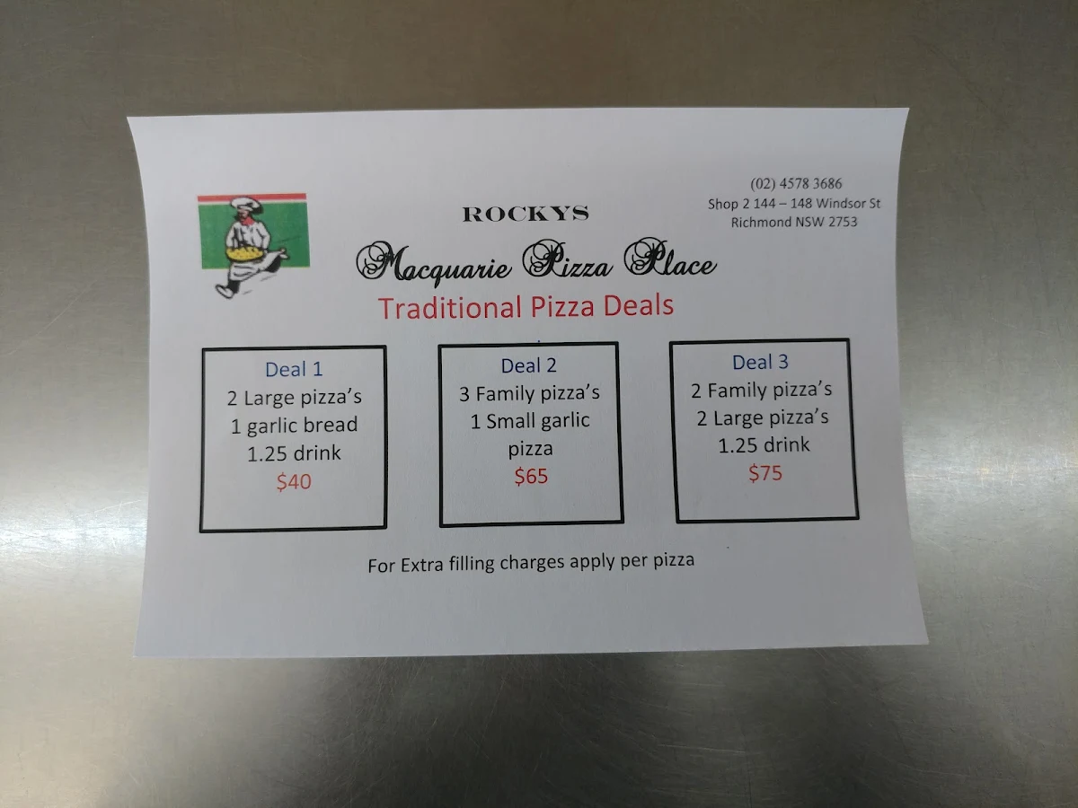 Menu, Macquarie Pizza Place