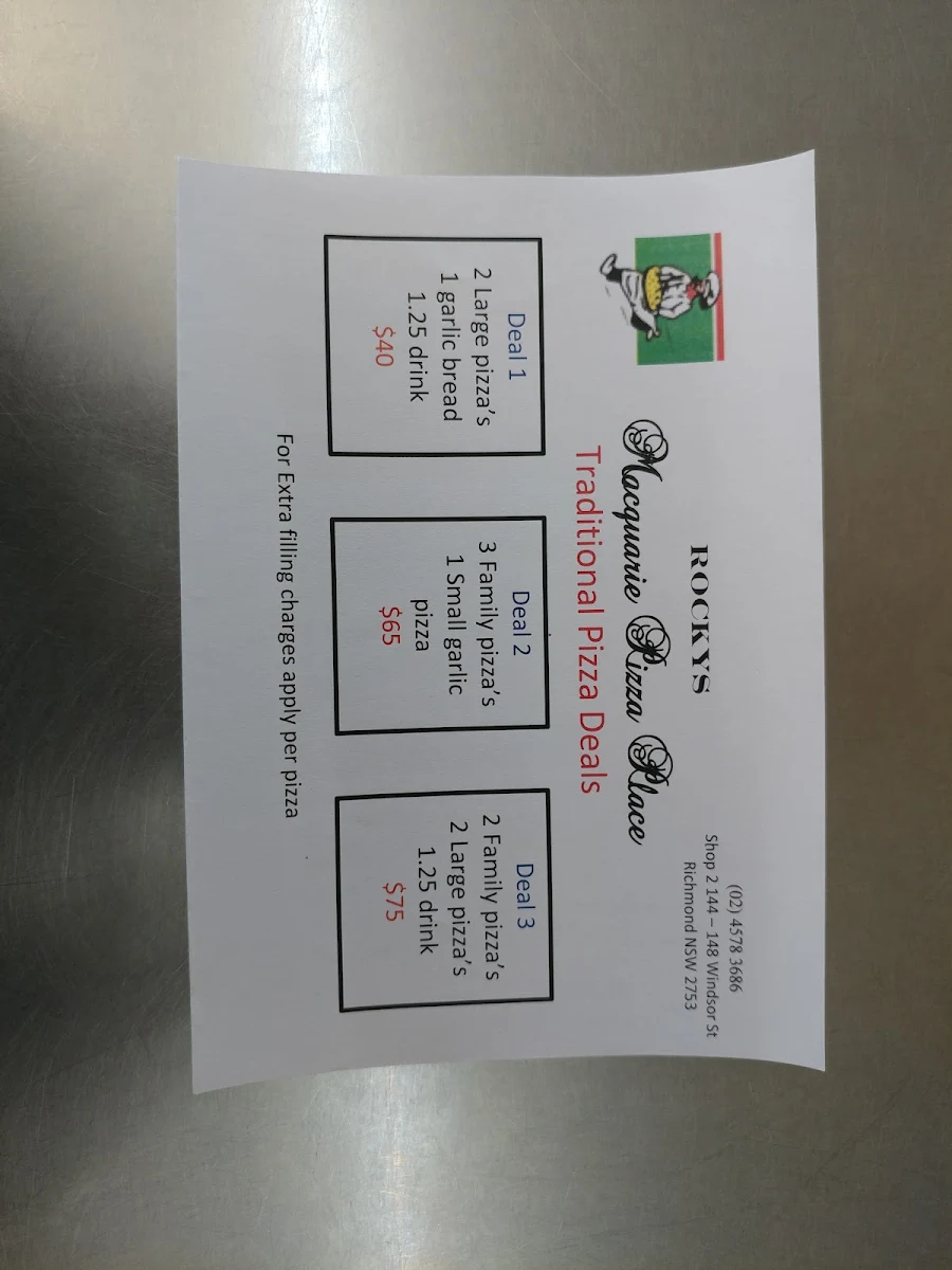 Menu, Macquarie Pizza Place