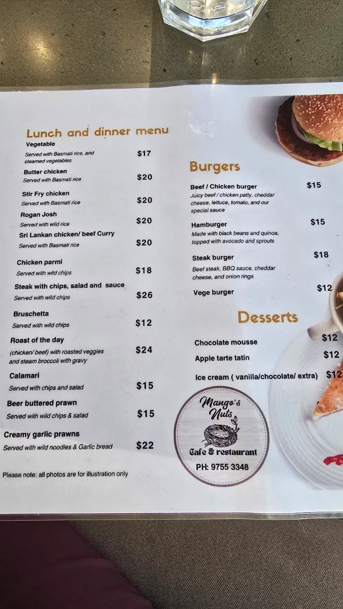 Menu, Mango's Nuts Cafe & Restaurant