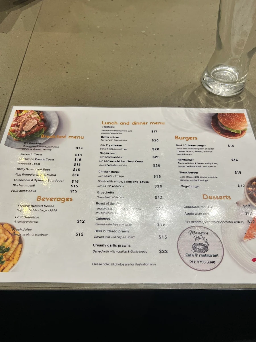 Menu, Mango's Nuts Cafe & Restaurant