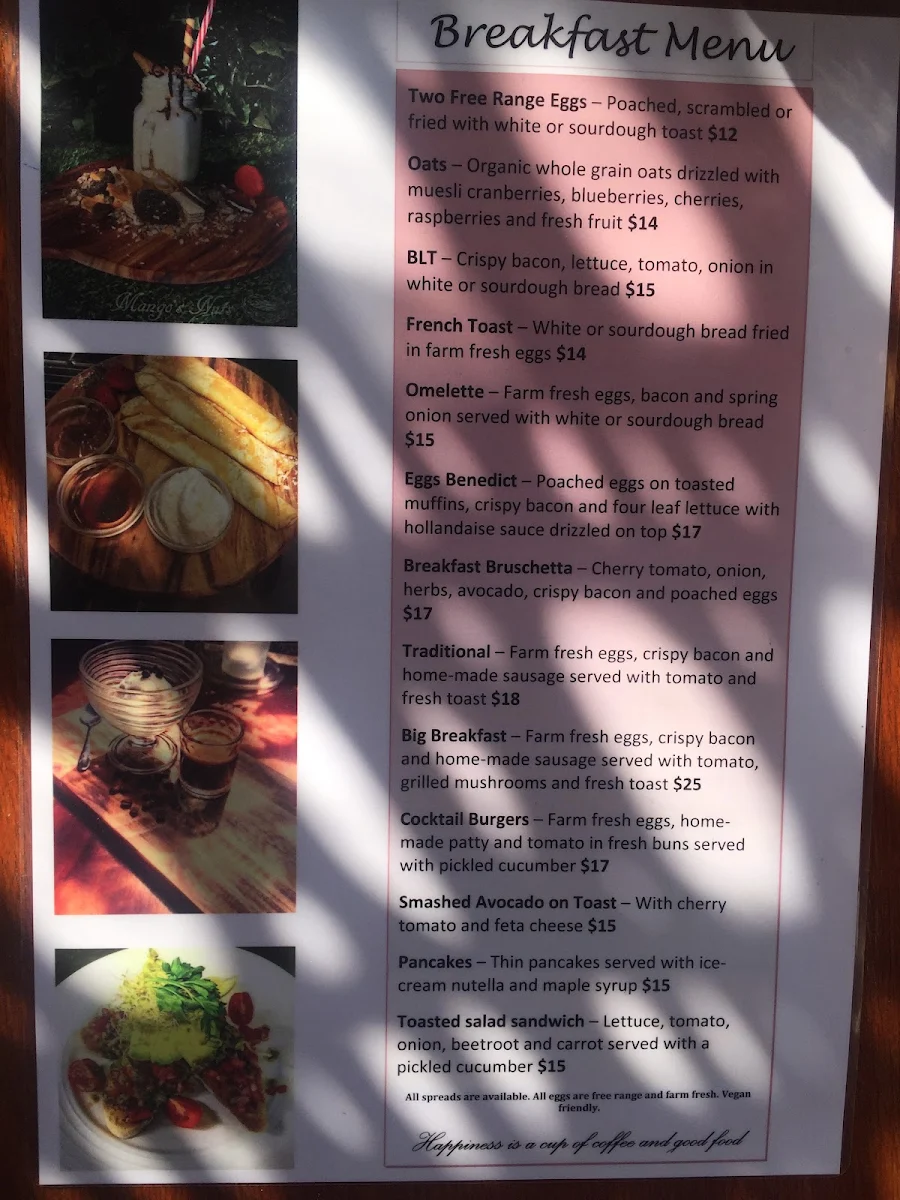 Menu, Mango's Nuts Cafe & Restaurant