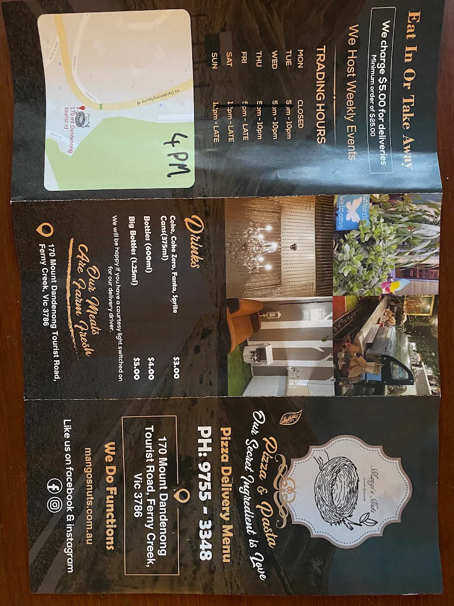 Menu, Mango's Nuts Cafe & Restaurant