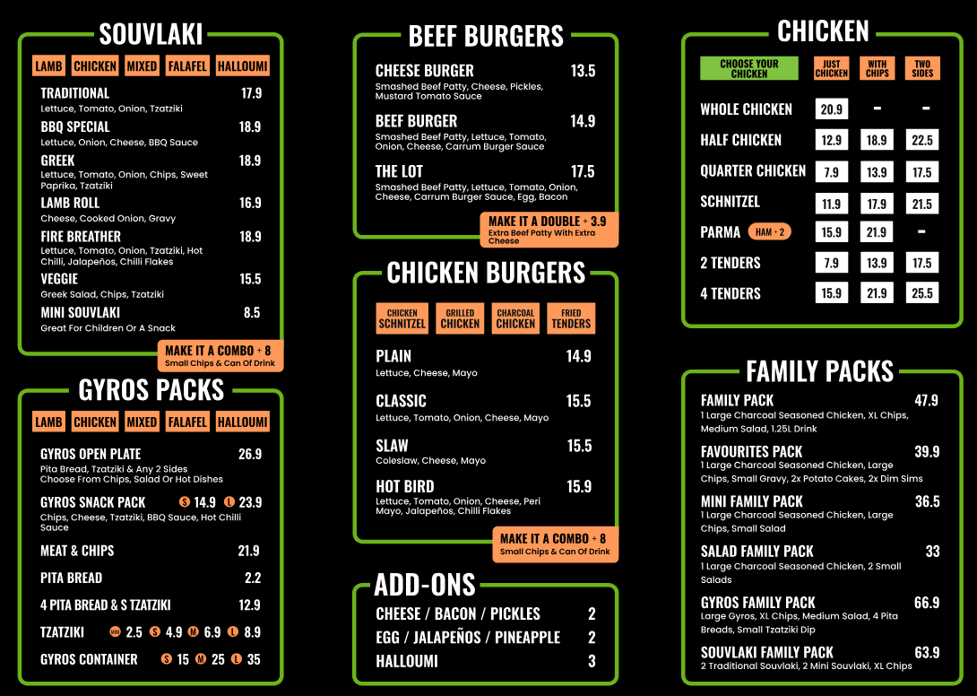 Menu, Carrum Station Charcoal Chicken
