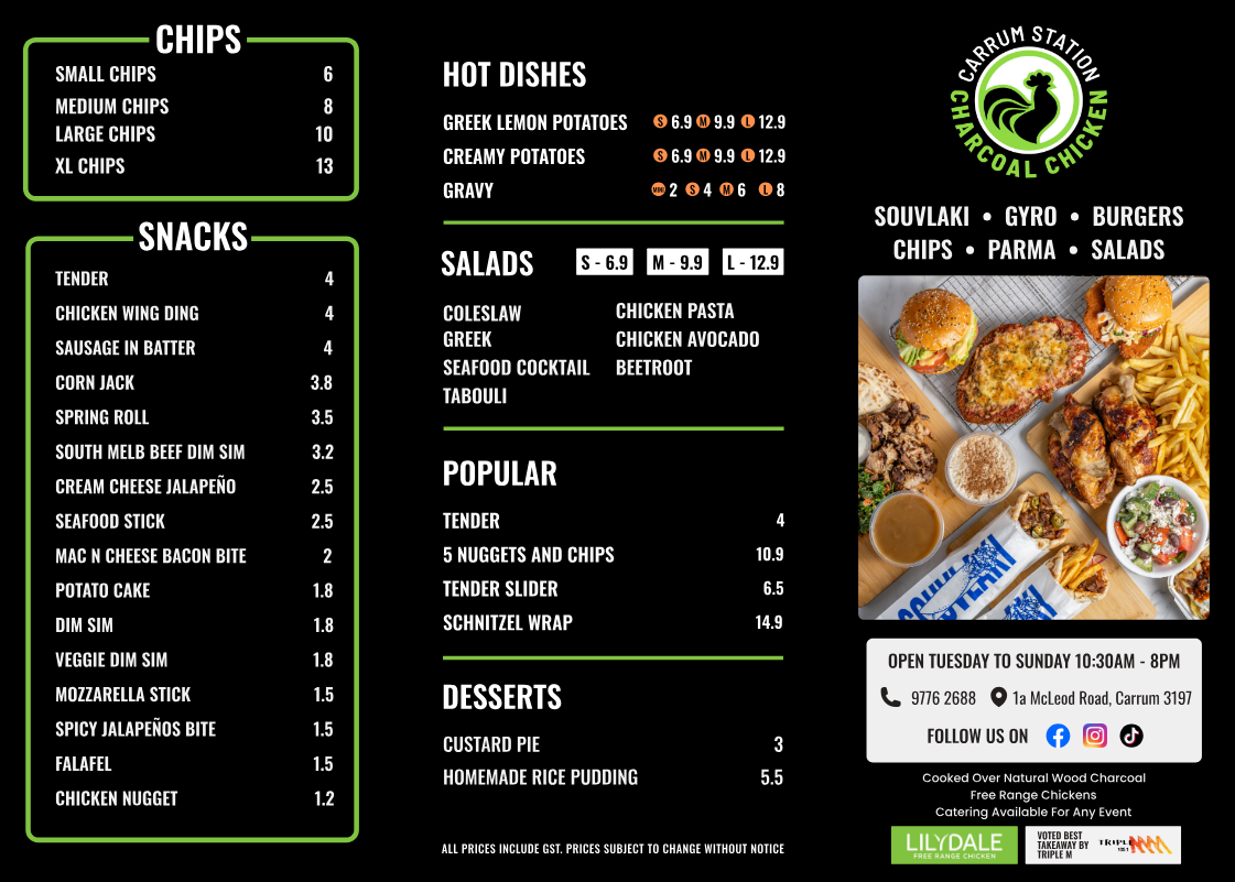 Menu, Carrum Station Charcoal Chicken