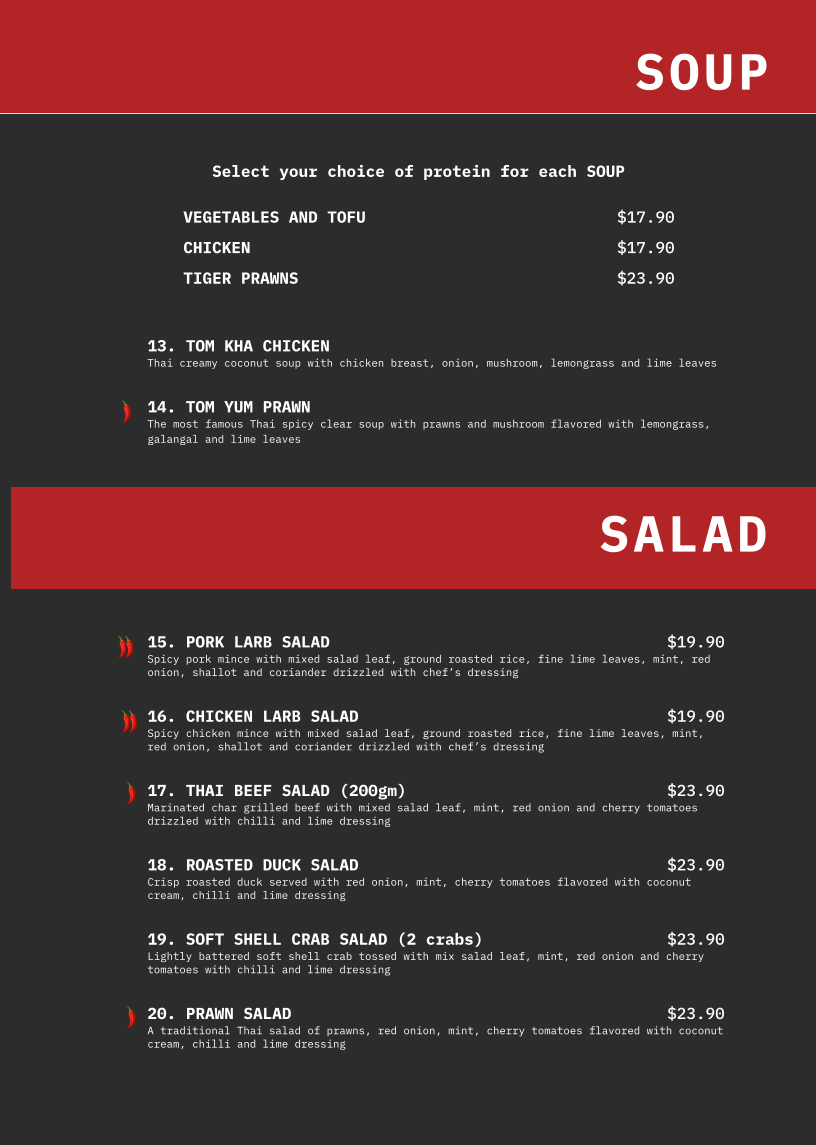Menu, Boulevarde Thai Eatery