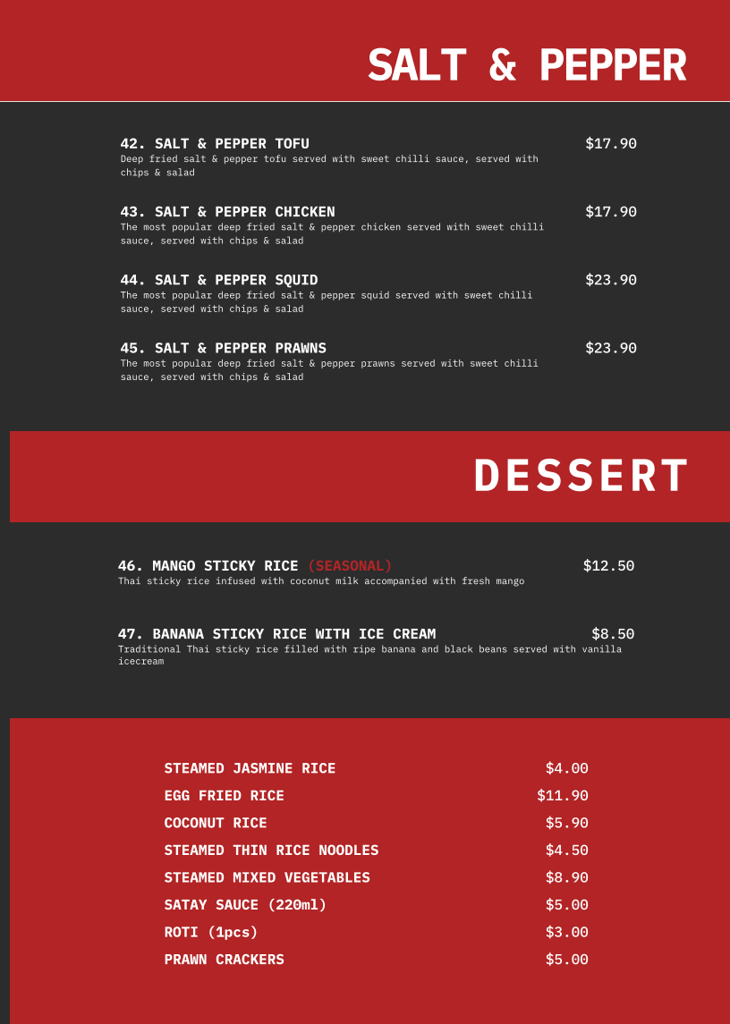 Menu, Boulevarde Thai Eatery