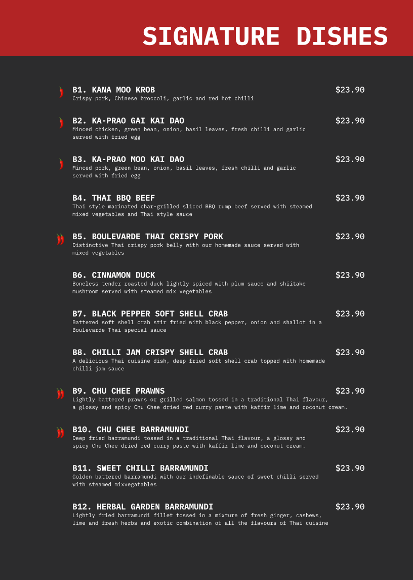 Menu, Boulevarde Thai Eatery