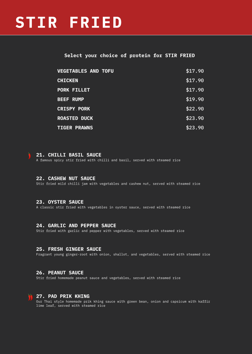 Menu, Boulevarde Thai Eatery