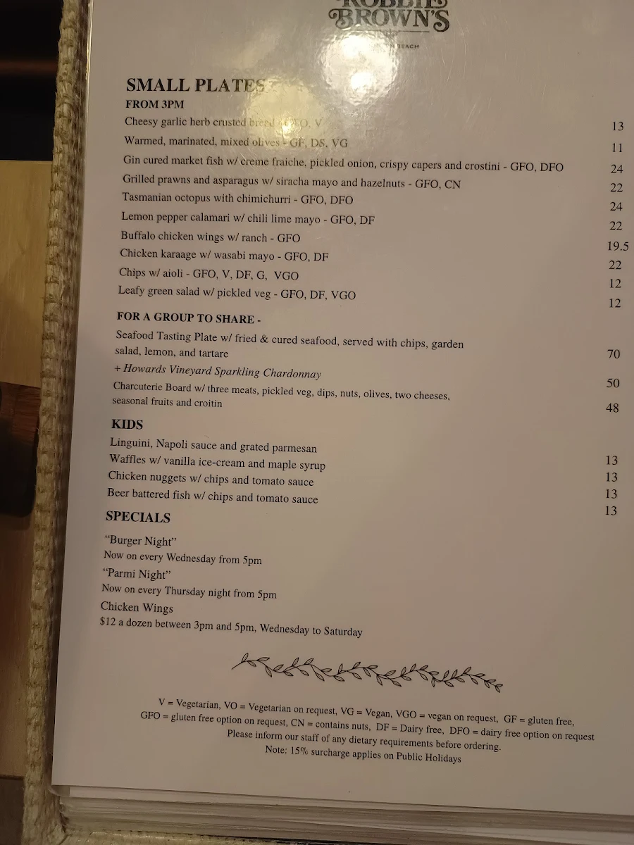 Menu, Robbie Brown's