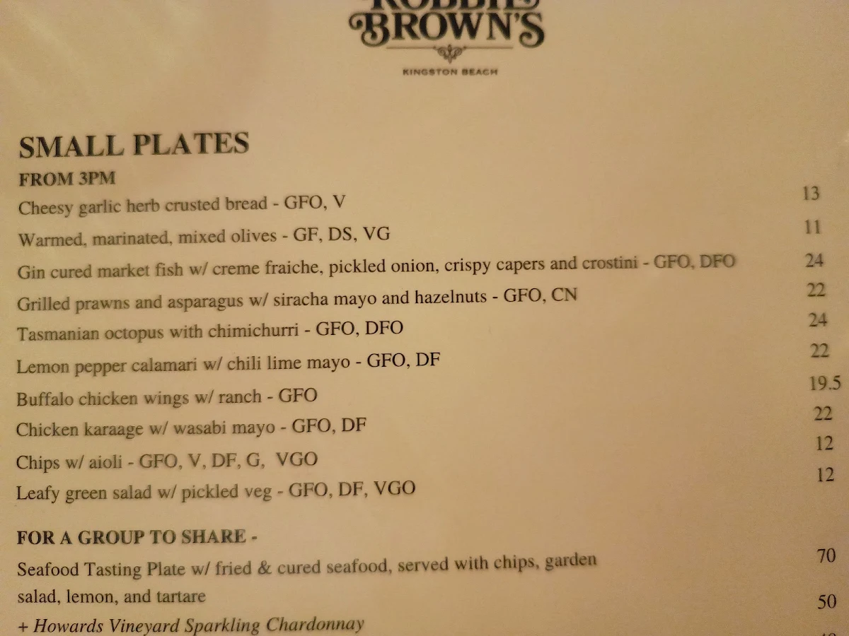 Menu, Robbie Brown's
