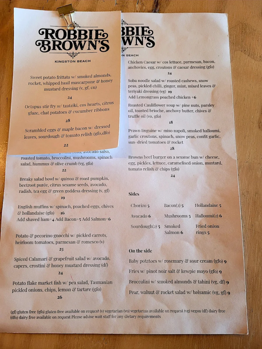 Menu, Robbie Brown's