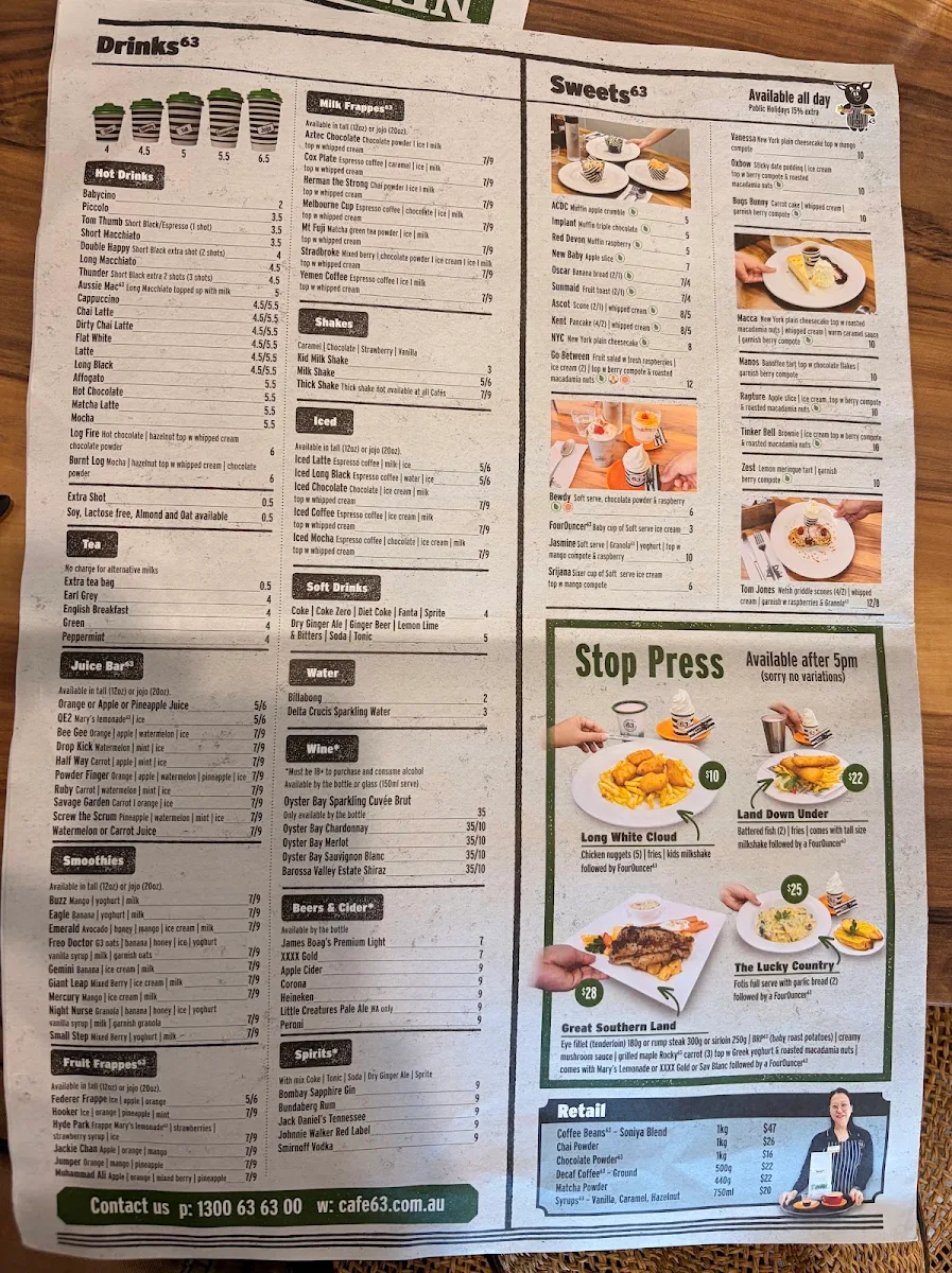 Menu, Café 63 Graceville