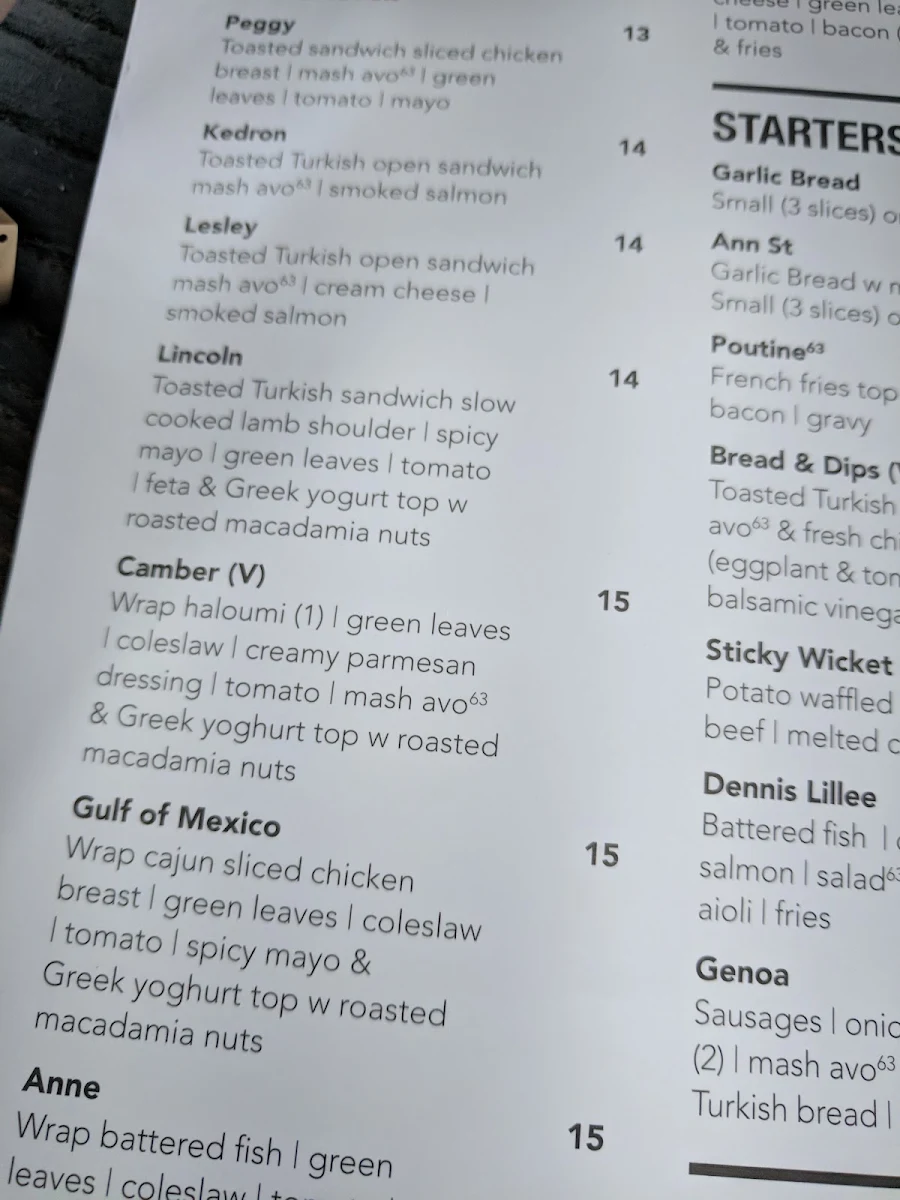 Menu, Café 63 Graceville