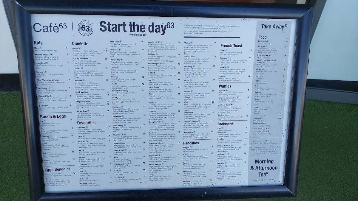 Menu, Café 63 Graceville