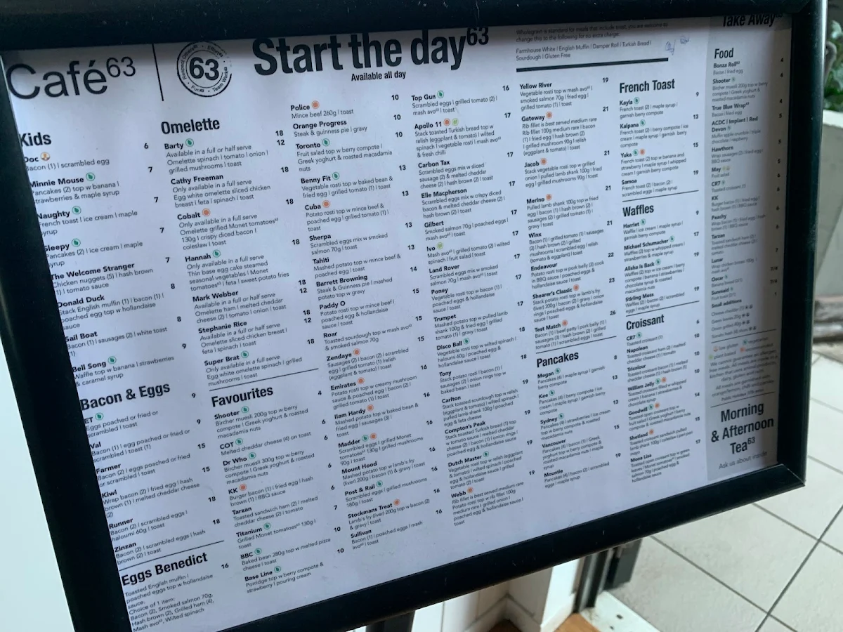 Menu, Café 63 Graceville