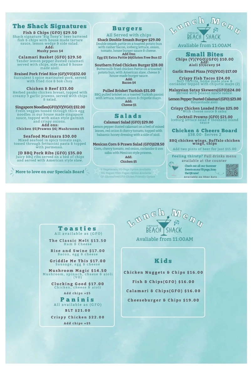 Menu, Jindalee Beach Shack