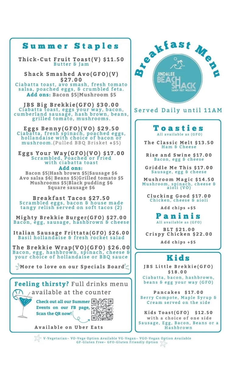 Menu, Jindalee Beach Shack