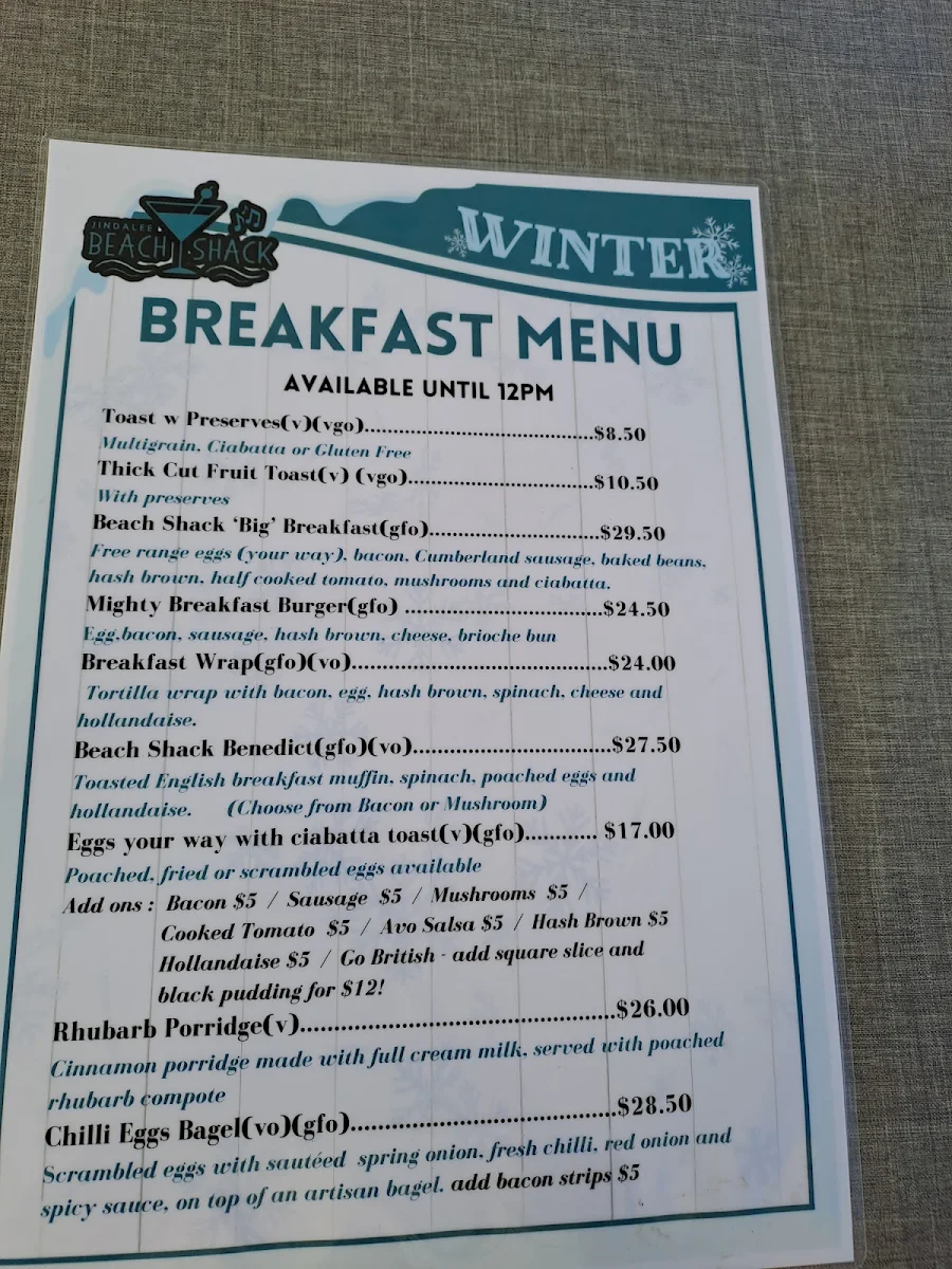 Menu, Jindalee Beach Shack
