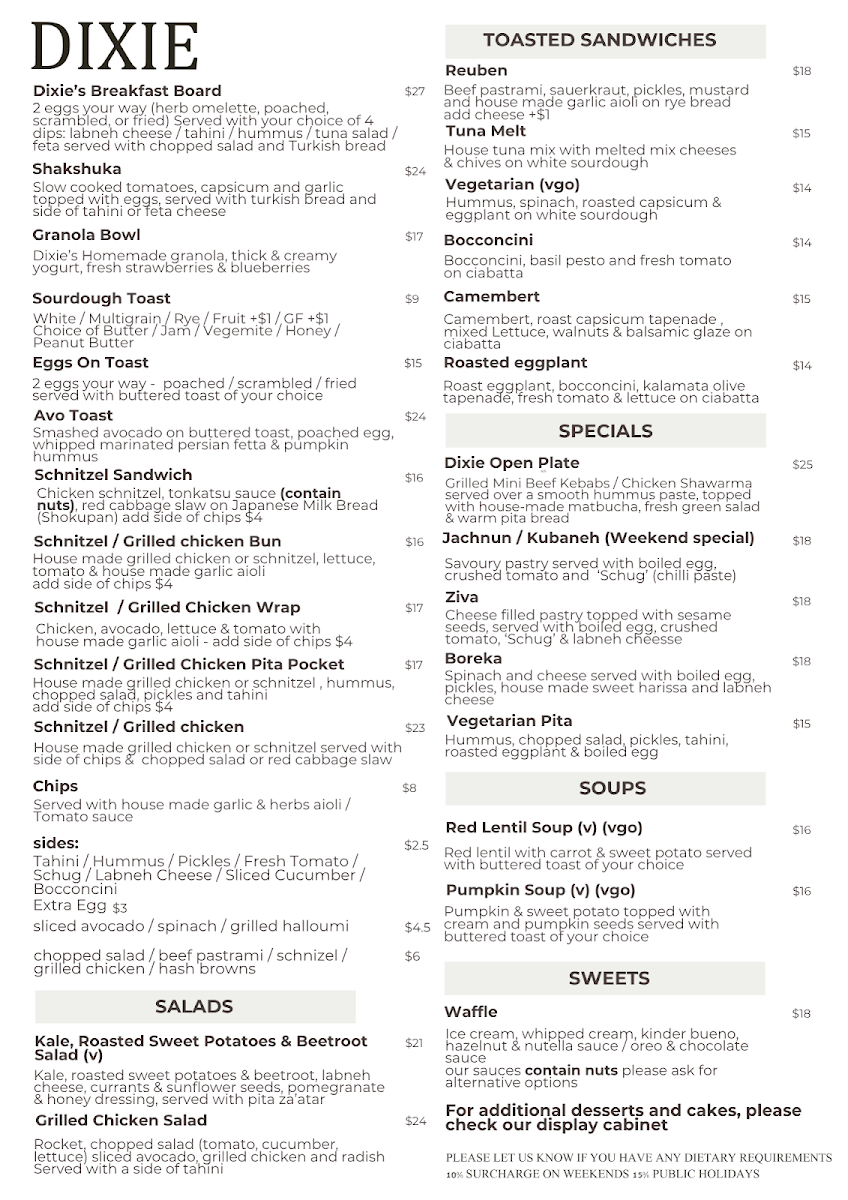 Menu, Dixie Cafe Caulfield North