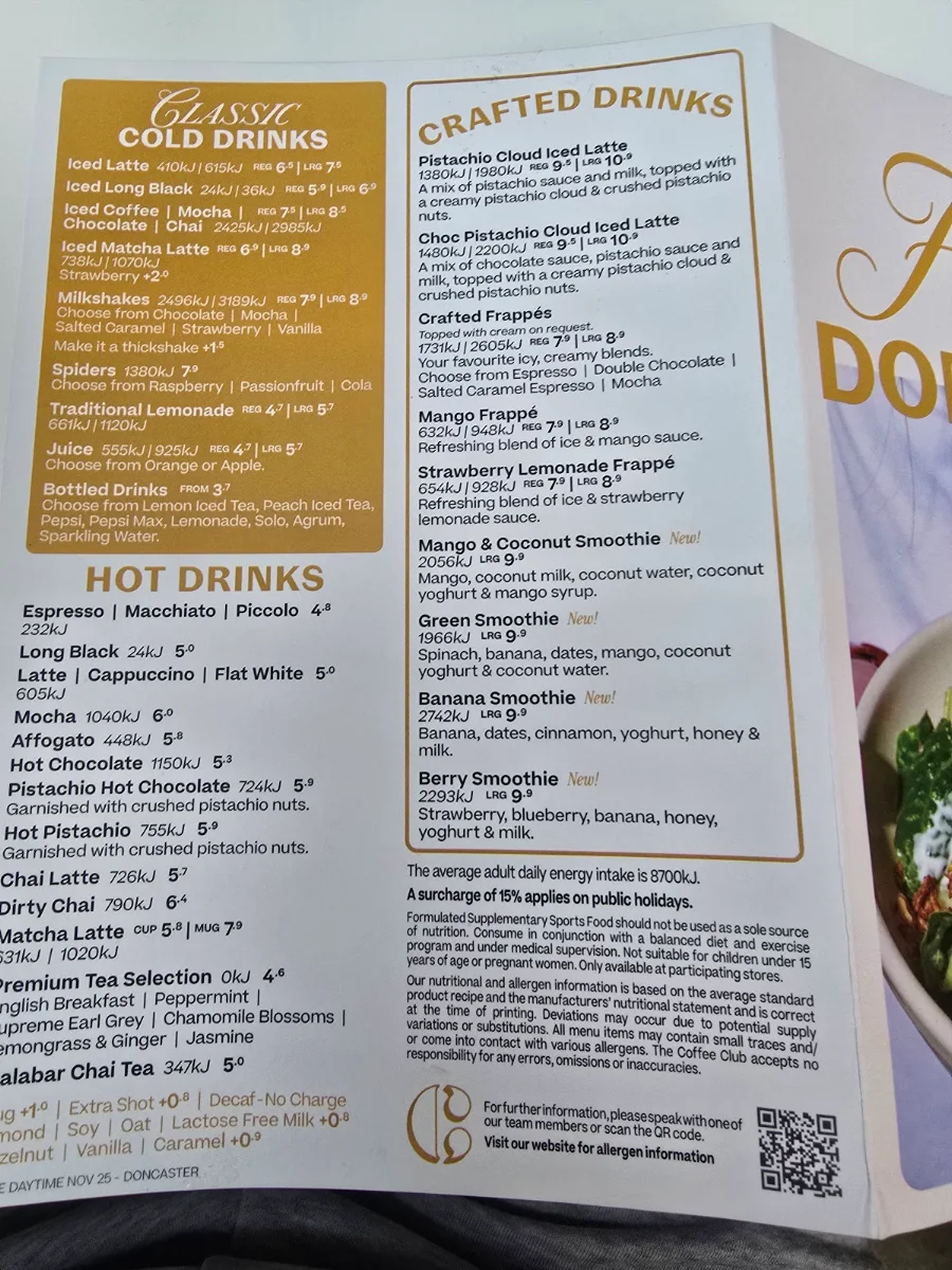 Menu, The Coffee Club