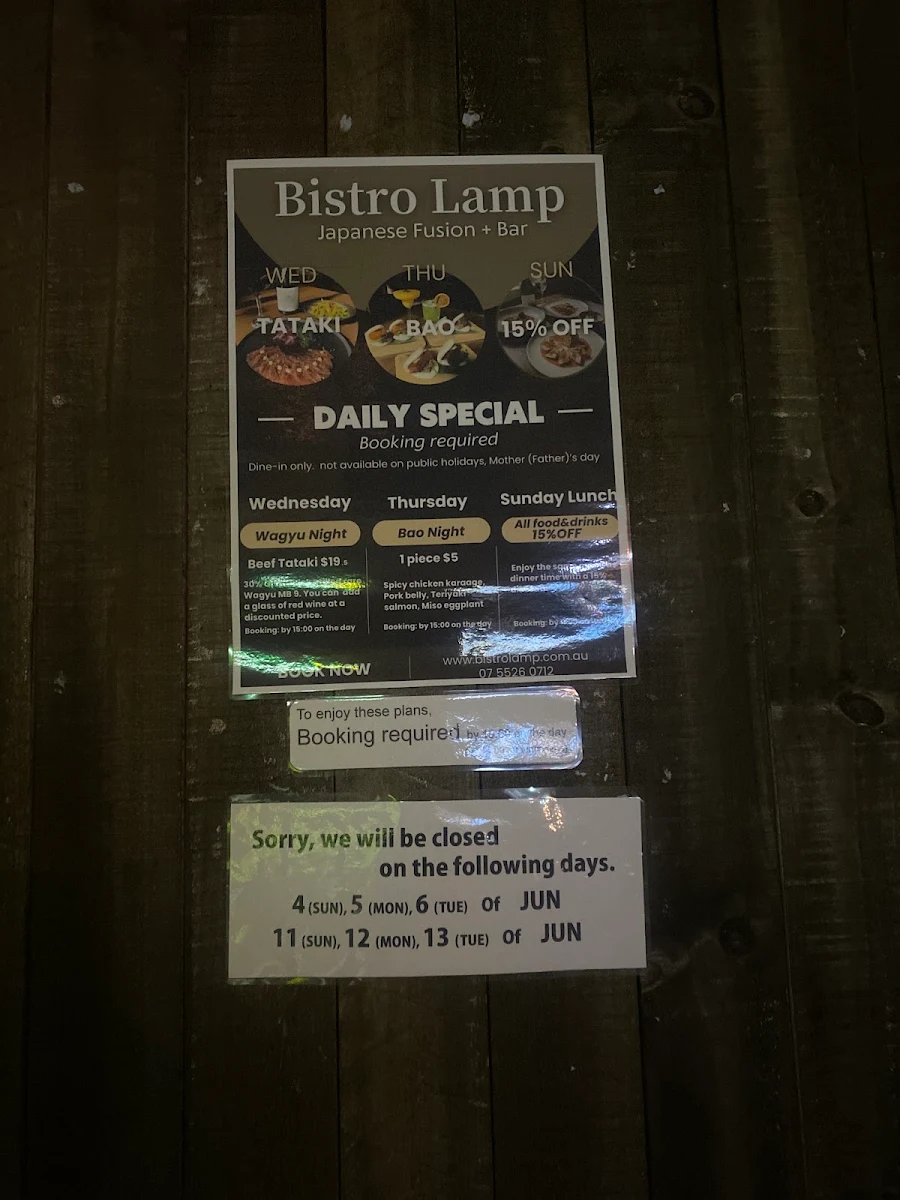 Menu, Bistro Lamp (Japanese Fusion+Bar)