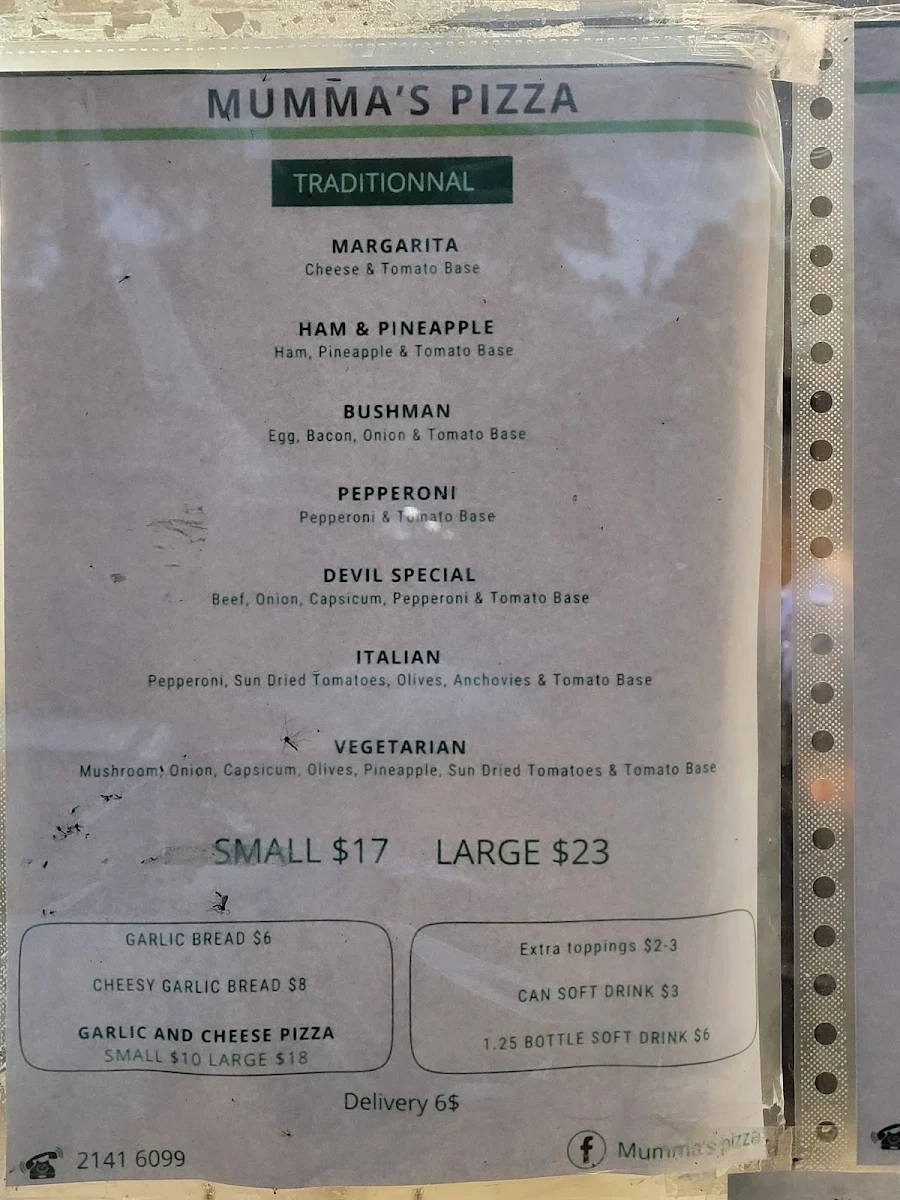 Menu, Mumma's Pizza Cafe